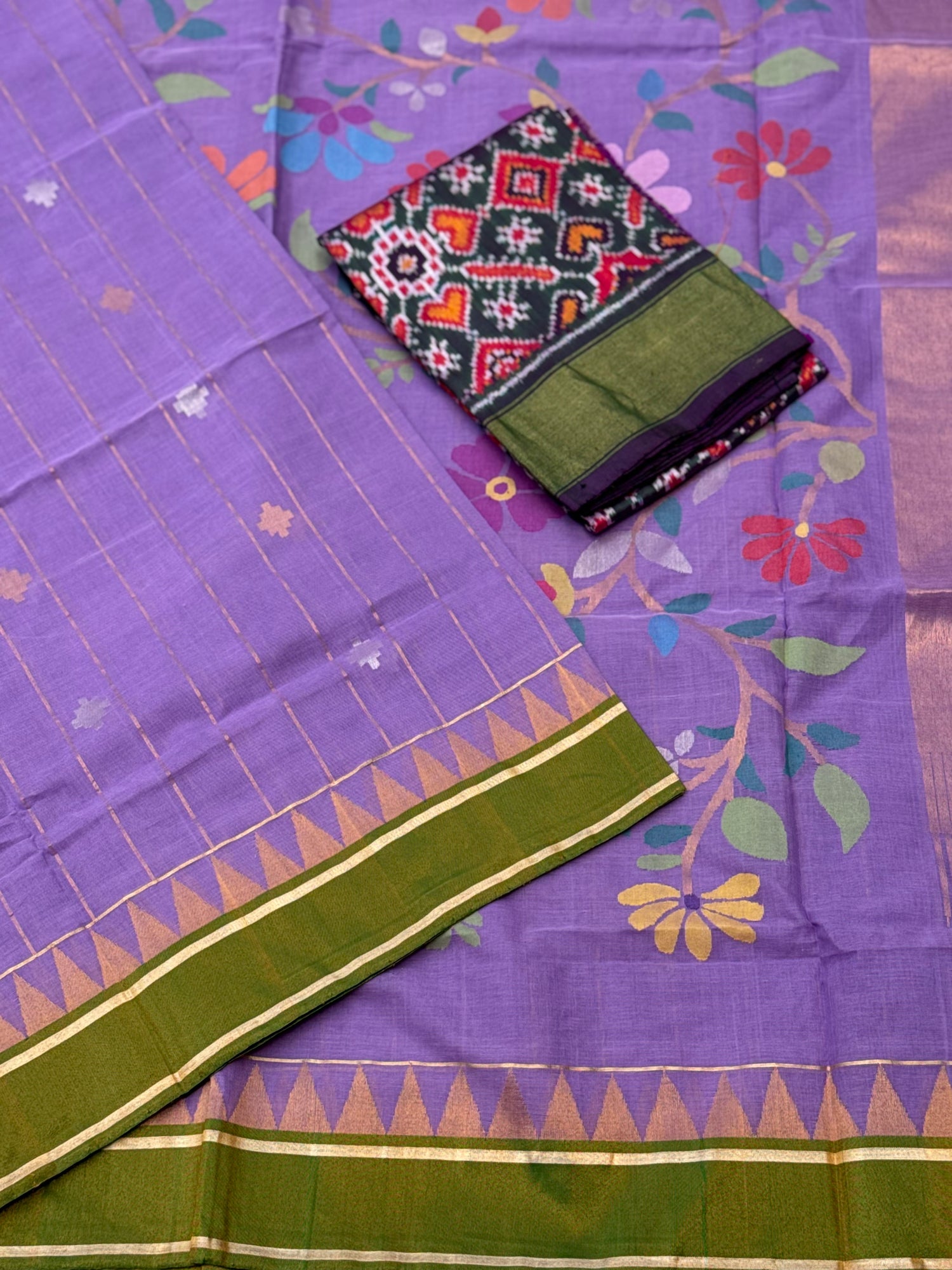Purple with green  stripes and motifs ponduru Khadhi jamdani saree