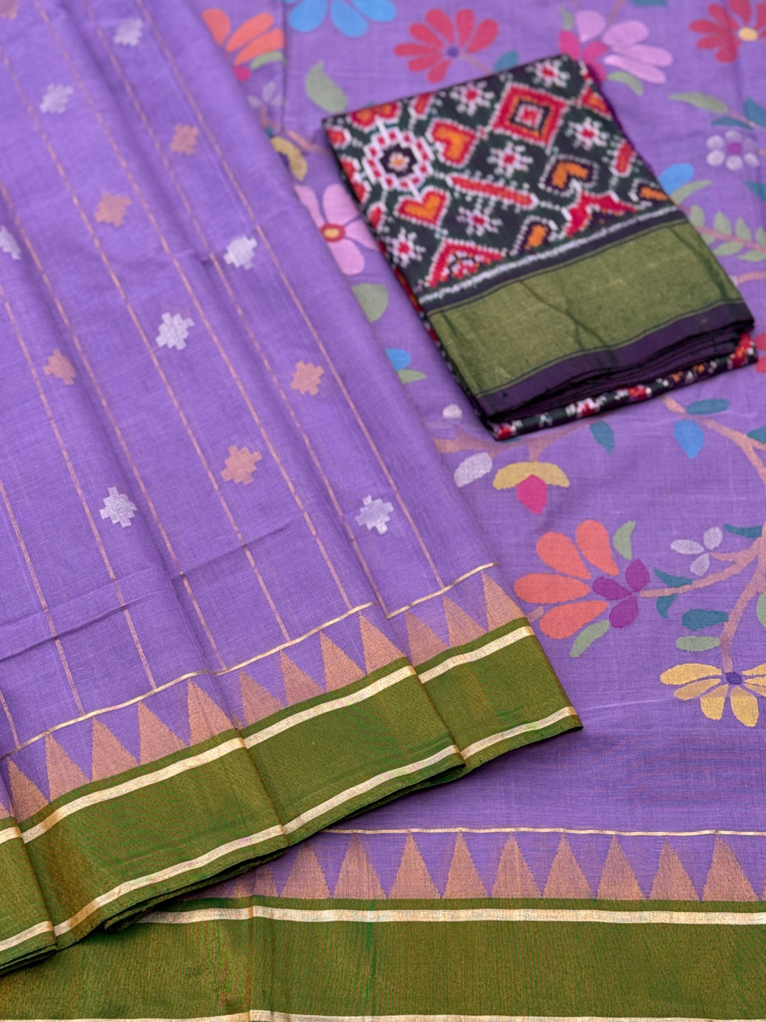 Purple with green  stripes and motifs ponduru Khadhi jamdani saree