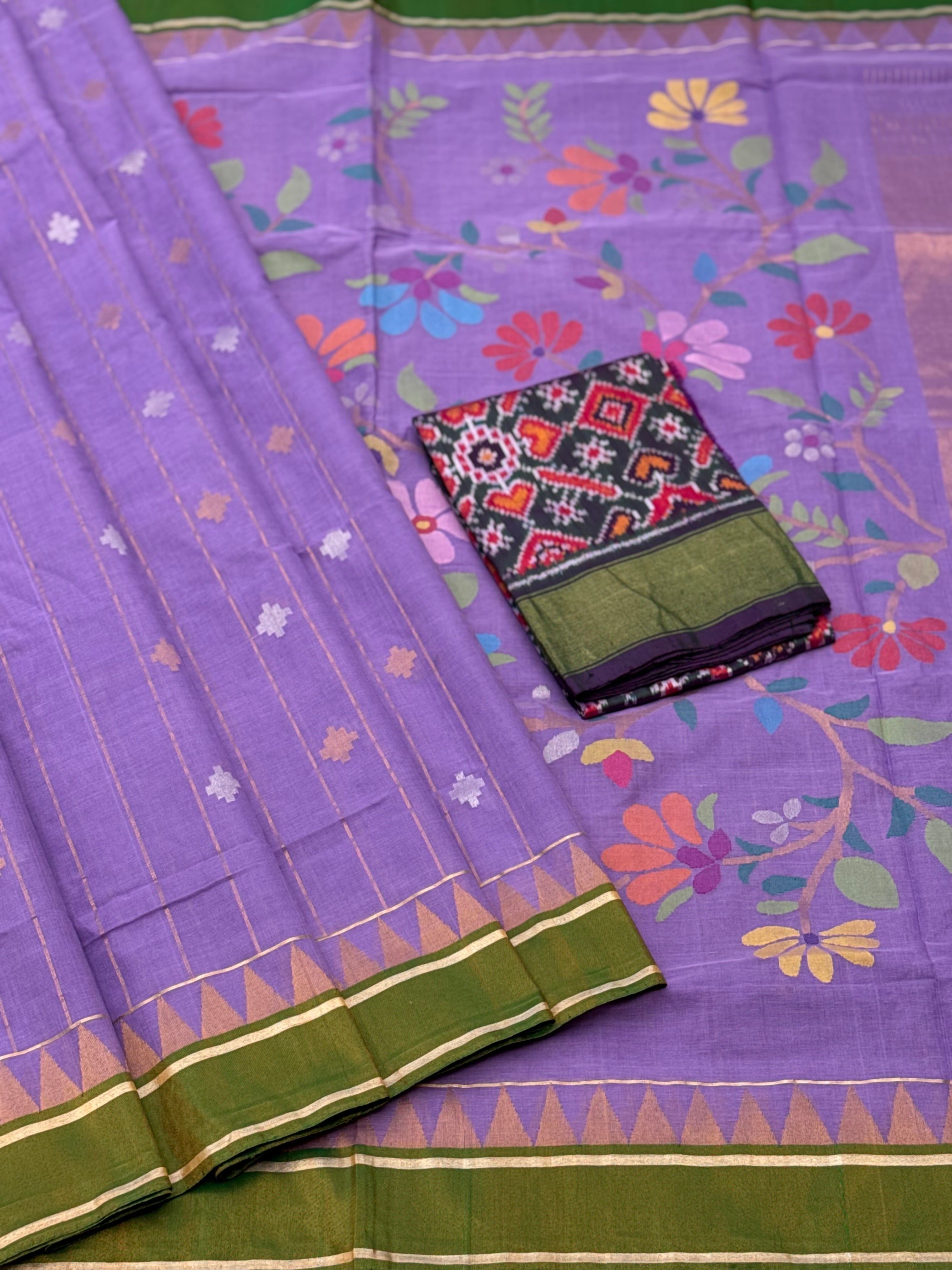 Purple with green  stripes and motifs ponduru Khadhi jamdani saree