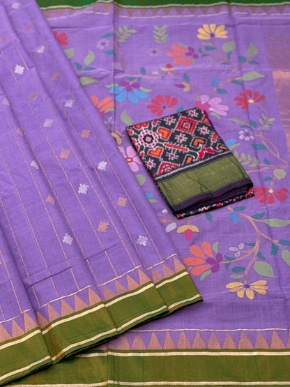 Purple with green  stripes and motifs ponduru Khadhi jamdani saree