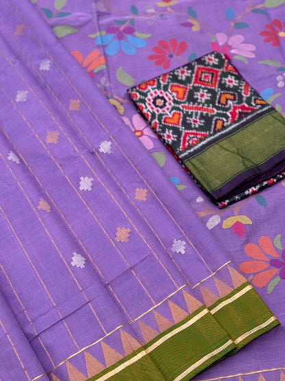 Purple with green  stripes and motifs ponduru Khadhi jamdani saree