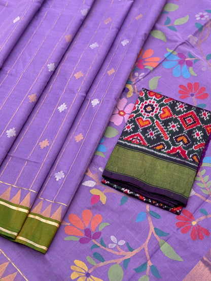 Purple with green  stripes and motifs ponduru Khadhi jamdani saree