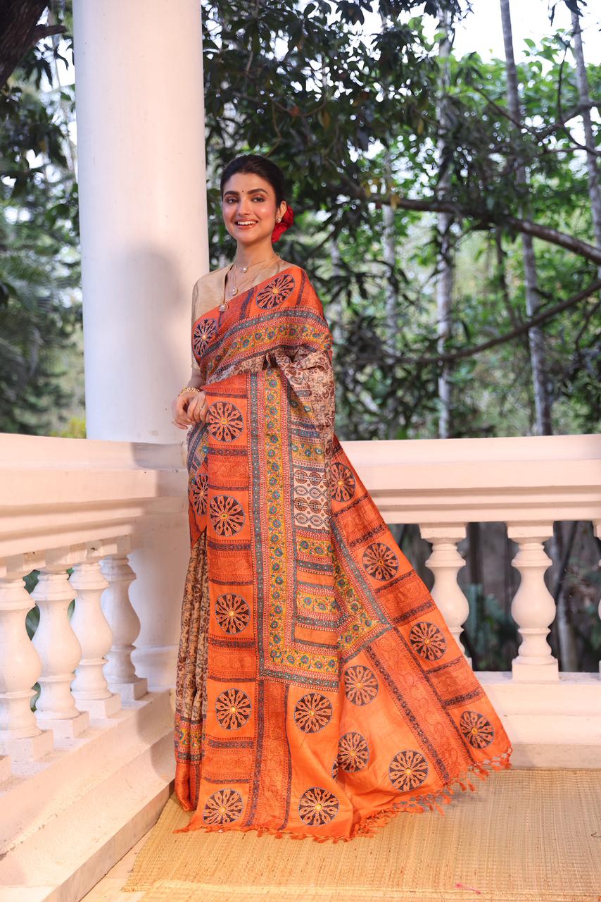 A stunner tussar by zari handwoven silk saree with Katha handembroidery and Bagh handblock prints