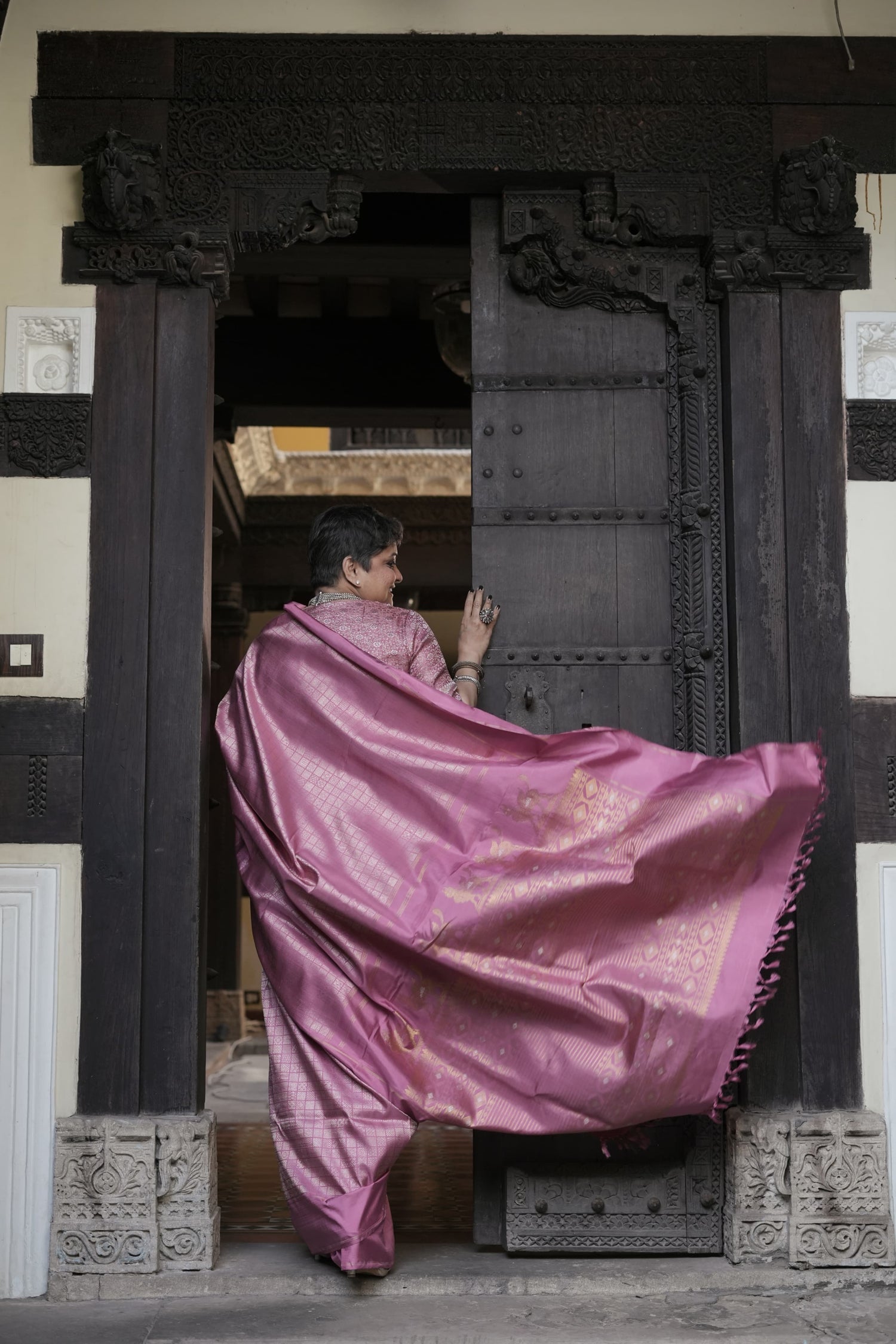 Instalment pay link 1 of 6 - A Canvas of Legendary Artistry The Masterpiece 108 exquisite Kanchivaram silk  showcases kamadenu pallu in hot pink hue of the finest and rarest natural dye