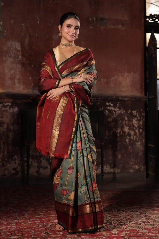 Reserved - Complete Hand Drawn And Hand Painted Penkalamkari In korvai Kanchivaram Silk Saree