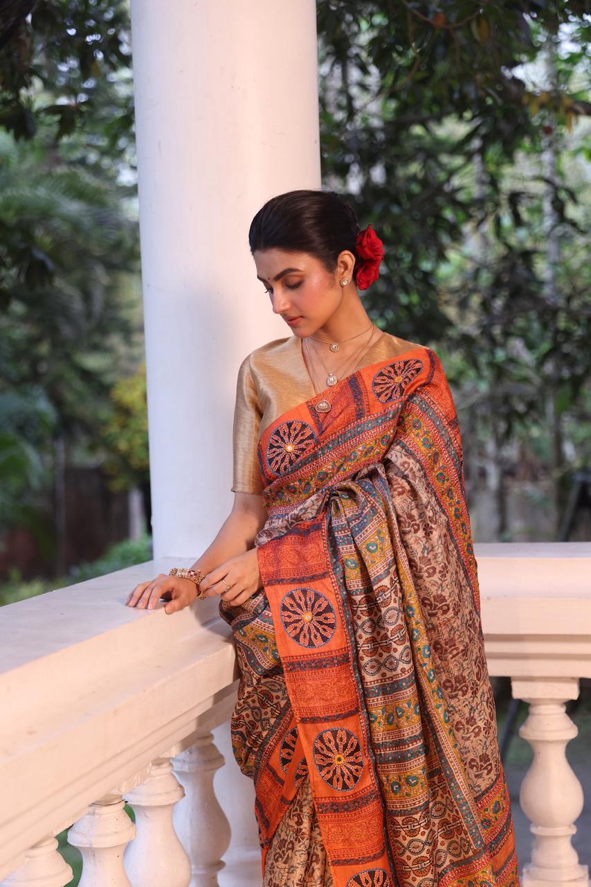 Reserved for Savi mam - A stunner tussar by zari handwoven silk saree with Katha handembroidery and Bagh handblock prints