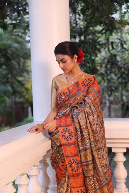Reserved for Savi mam - A stunner tussar by zari handwoven silk saree with Katha handembroidery and Bagh handblock prints