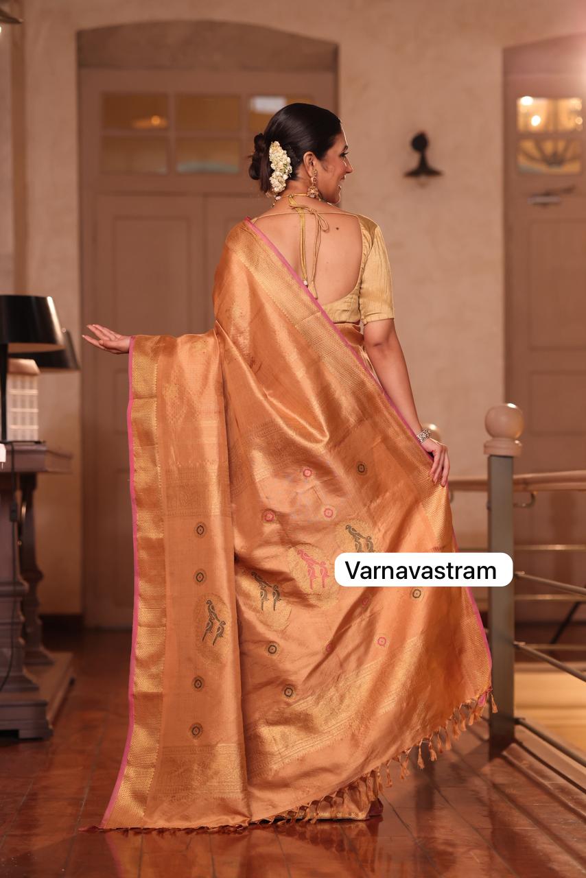 The most opulent and the celebrated weave in natural dyed fawn gold shade kanchivaram silk saree