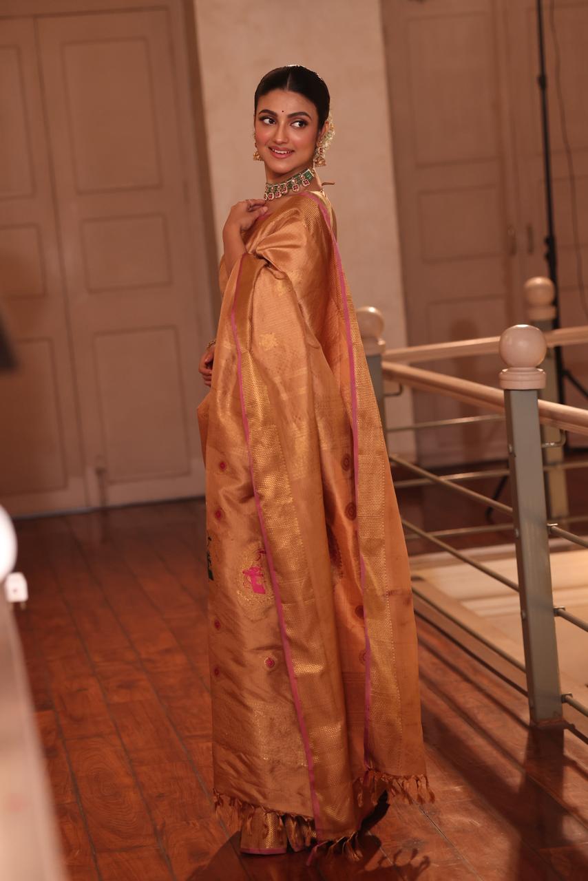 The most opulent and the celebrated weave in natural dyed fawn gold shade kanchivaram silk saree