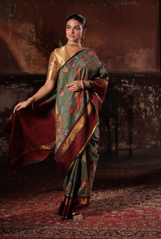 Reserved - Complete Hand Drawn And Hand Painted Penkalamkari In korvai Kanchivaram Silk Saree
