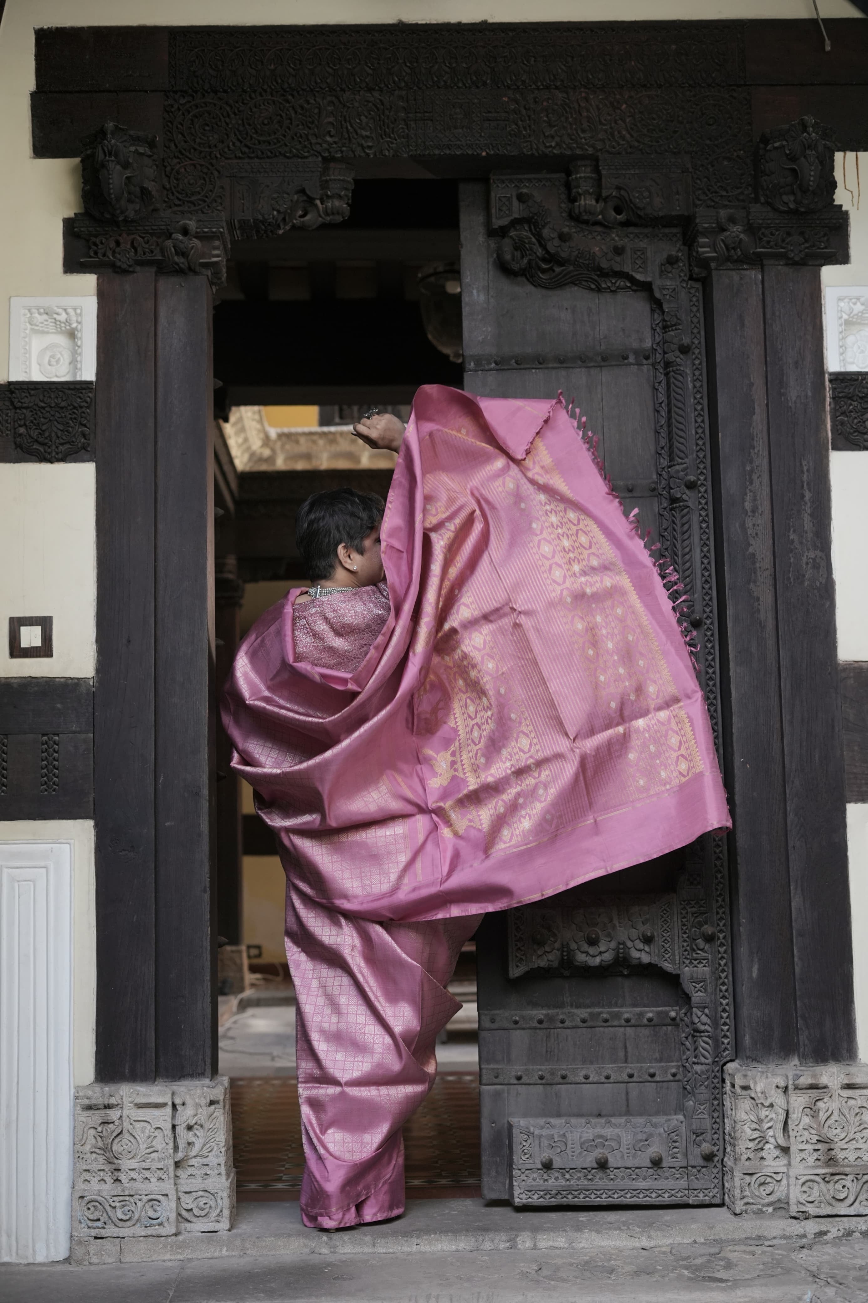 Instalment pay link 1 of 6 - A Canvas of Legendary Artistry The Masterpiece 108 exquisite Kanchivaram silk  showcases kamadenu pallu in hot pink hue of the finest and rarest natural dye