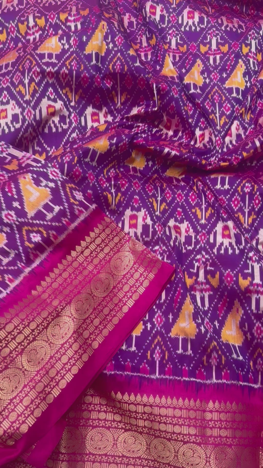 Purple pink handwoven tie dyed mulberry silk patola design ikkat fabric