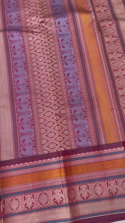 Threadwork Kanchivaram Silk Saree With Diamond And Iruthalapakshi Border