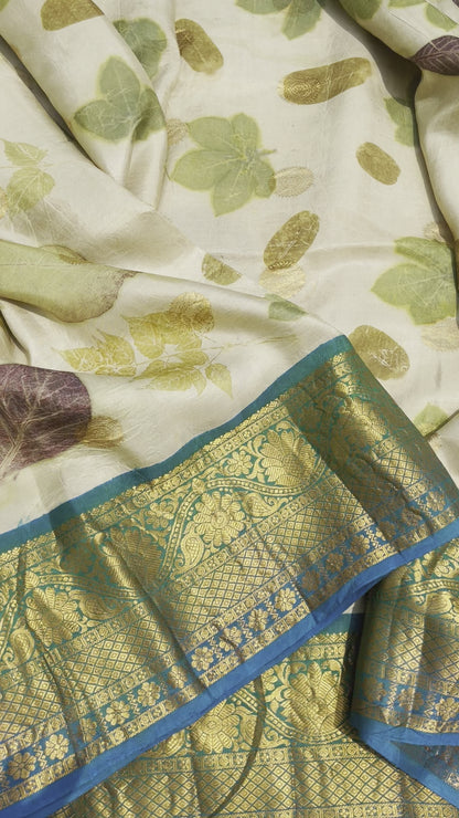 Handmade Ecoprints Using Natural Leaf And Flowers On Pure Gadwal Silk Saree