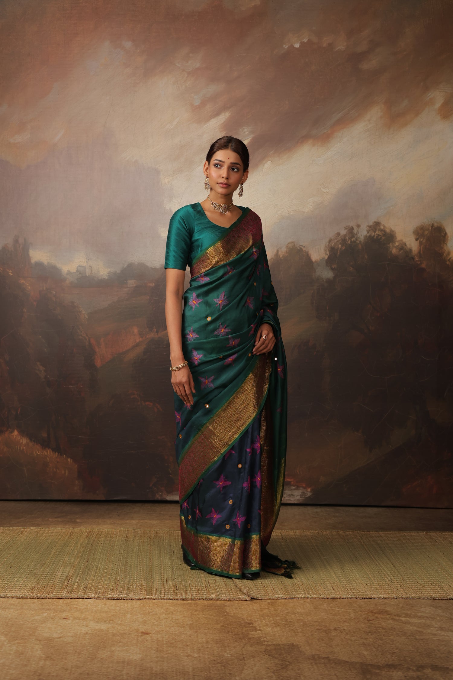 The elegant NUI Shibori with Katha handembroidery on handwoven kanchivaram korvai silk saree