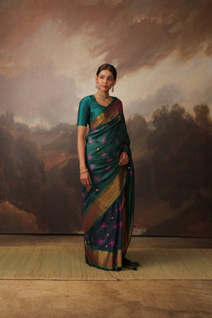 The elegant NUI Shibori with Katha handembroidery on handwoven kanchivaram korvai silk saree