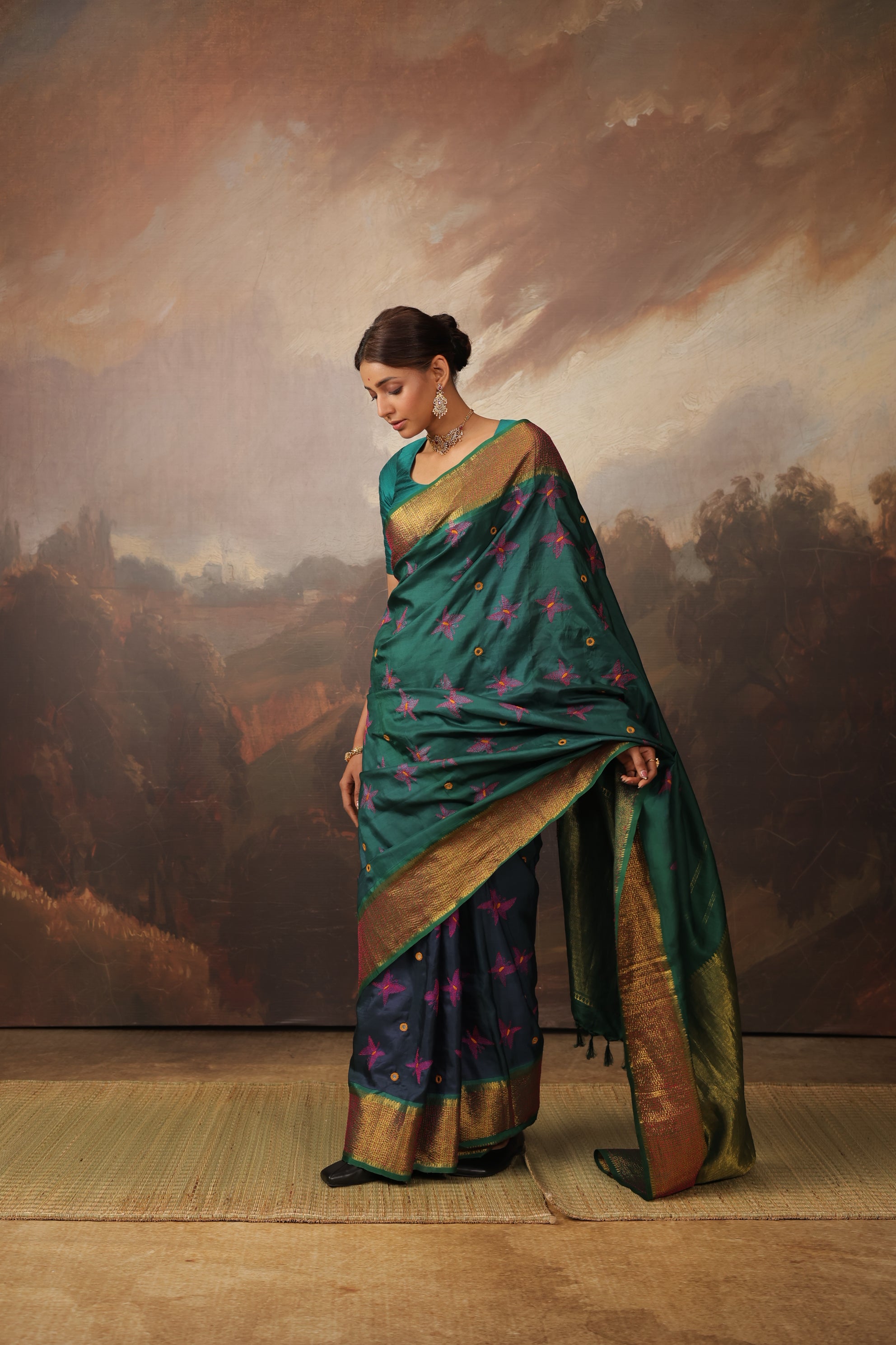 The elegant NUI Shibori with Katha handembroidery on handwoven kanchivaram korvai silk saree