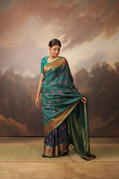 The elegant NUI Shibori with Katha handembroidery on handwoven kanchivaram korvai silk saree