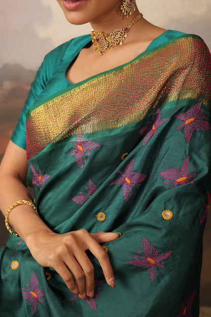 The elegant NUI Shibori with Katha handembroidery on handwoven kanchivaram korvai silk saree