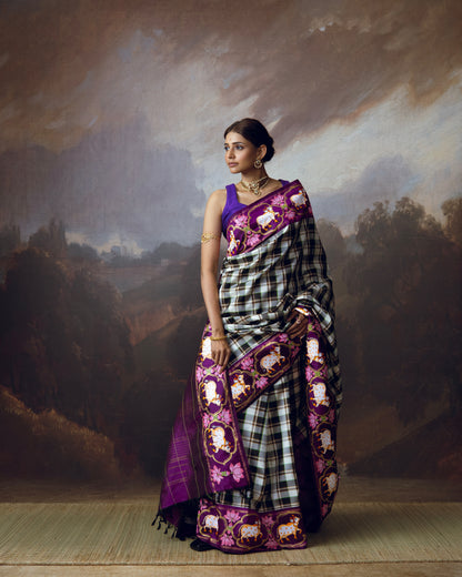 Burberry plaided korvai kanchivaram silk saree adorned with Handdrawn handpainted pichwai concept