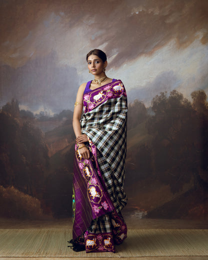 Burberry plaided korvai kanchivaram silk saree adorned with Handdrawn handpainted pichwai concept