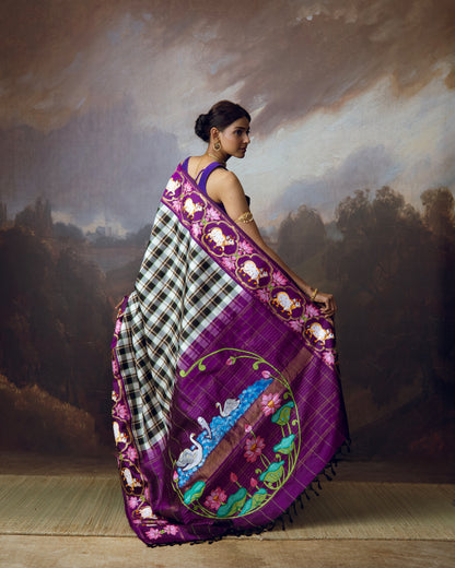 Burberry plaided korvai kanchivaram silk saree adorned with Handdrawn handpainted pichwai concept