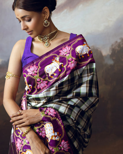 Burberry plaided korvai kanchivaram silk saree adorned with Handdrawn handpainted pichwai concept