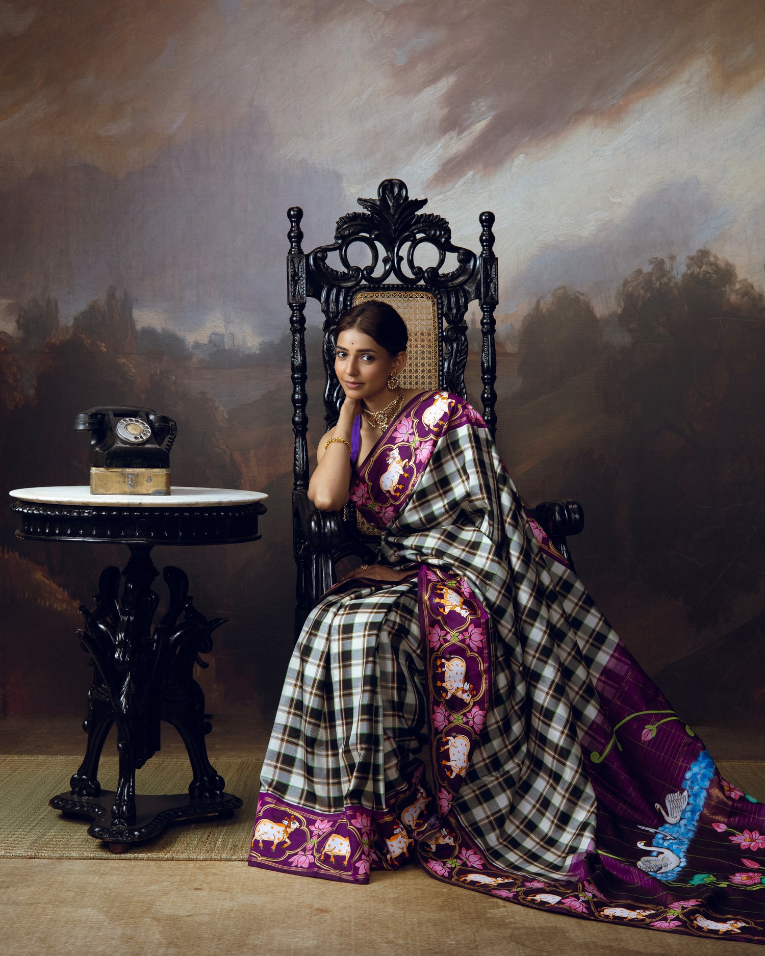 Burberry plaided korvai kanchivaram silk saree adorned with Handdrawn handpainted pichwai concept