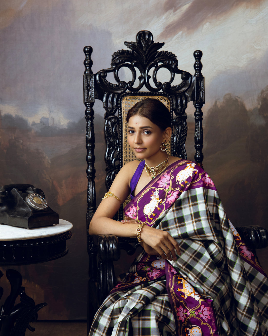 Burberry plaided korvai kanchivaram silk saree adorned with Handdrawn handpainted pichwai concept