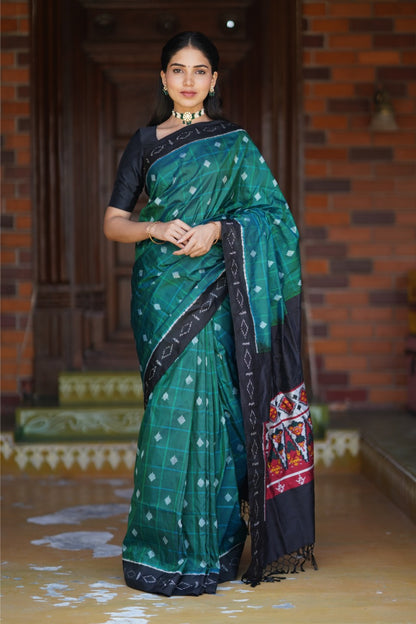 Contemporary silk Ikkat Saree in beautiful scarlet red with black